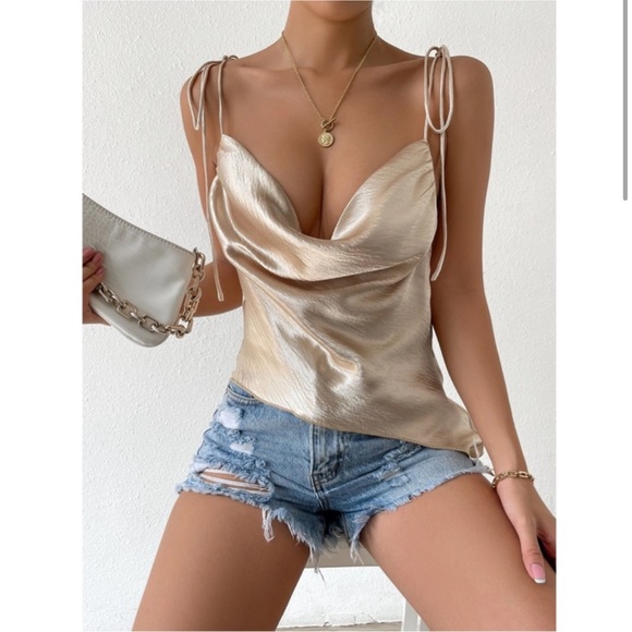 Black Color Glamorous Cowl Neck Tie Strap Camisole Top - Picture 9 of 16